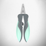 Gray pet nail clipper front view highlighting ergonomic grip