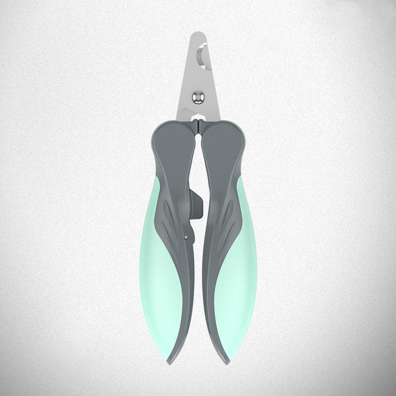 Gray pet nail clipper front view highlighting ergonomic grip