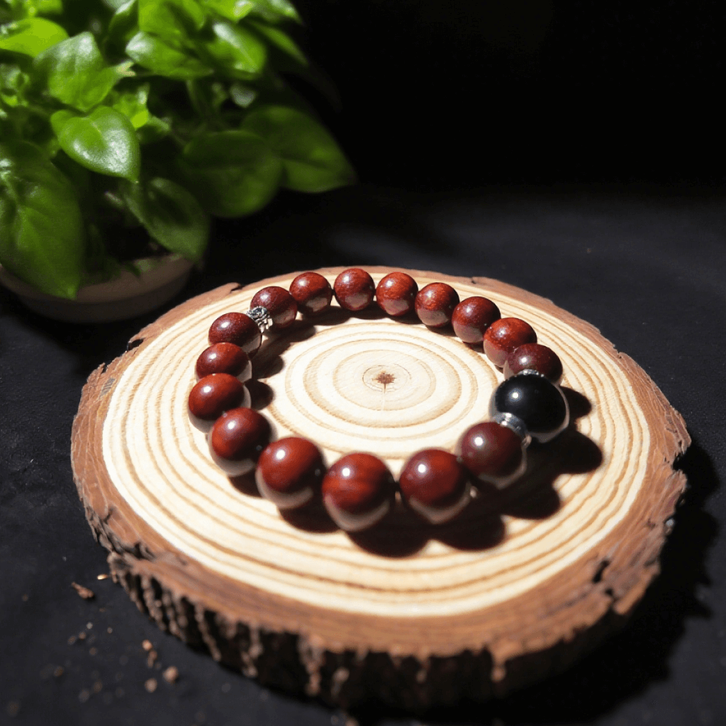 Energy-shielding obsidian bracelet with sandalwood beads