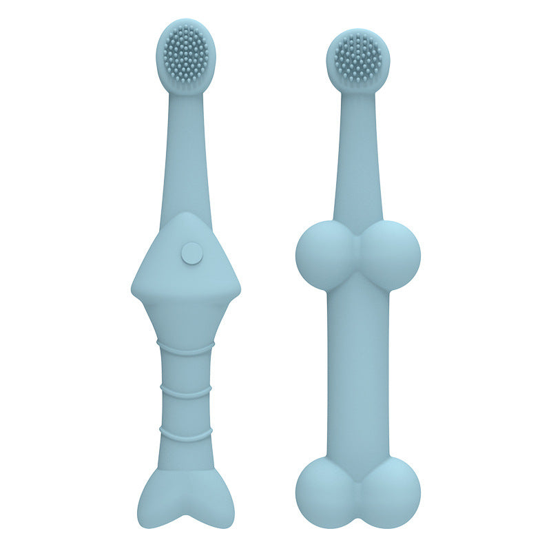 Beige silicone pet toothbrush set on white background