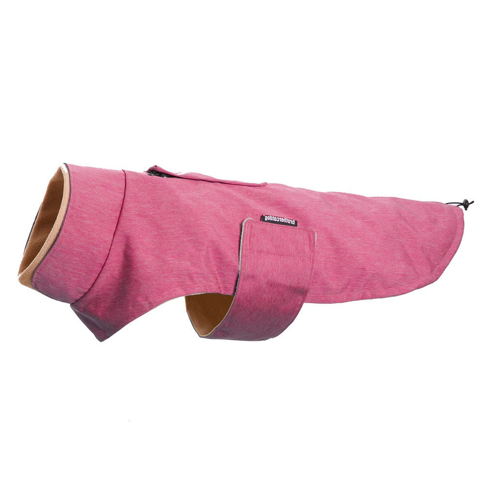 Action shot—dog walking on the beach in the coat, showing free movement.