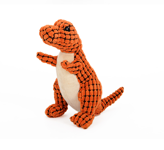 Yellow dino plush with 3D shape for easy grab-and-fetch.