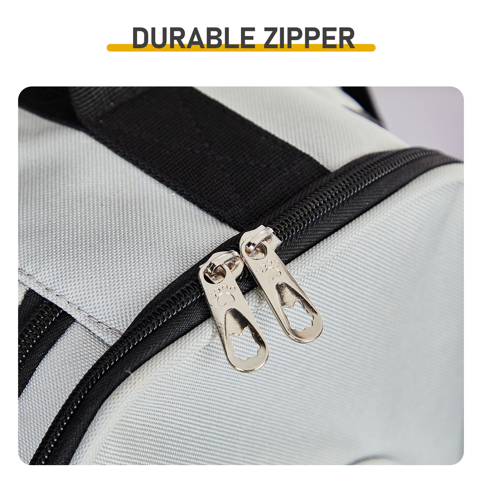 Detail of durable dual zipper pulls and the detachable fleece base mat.